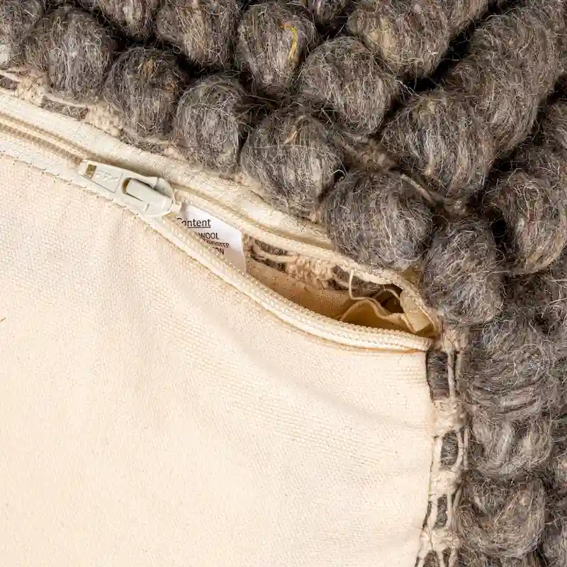 Cream/Grey/Teal Wool & Cotton Round Pouf Ottoman, 24