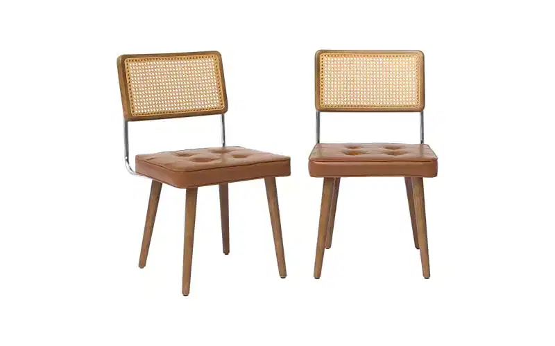 Natural Rattan Armless Dining Chair, Beige Linen, Set of 2