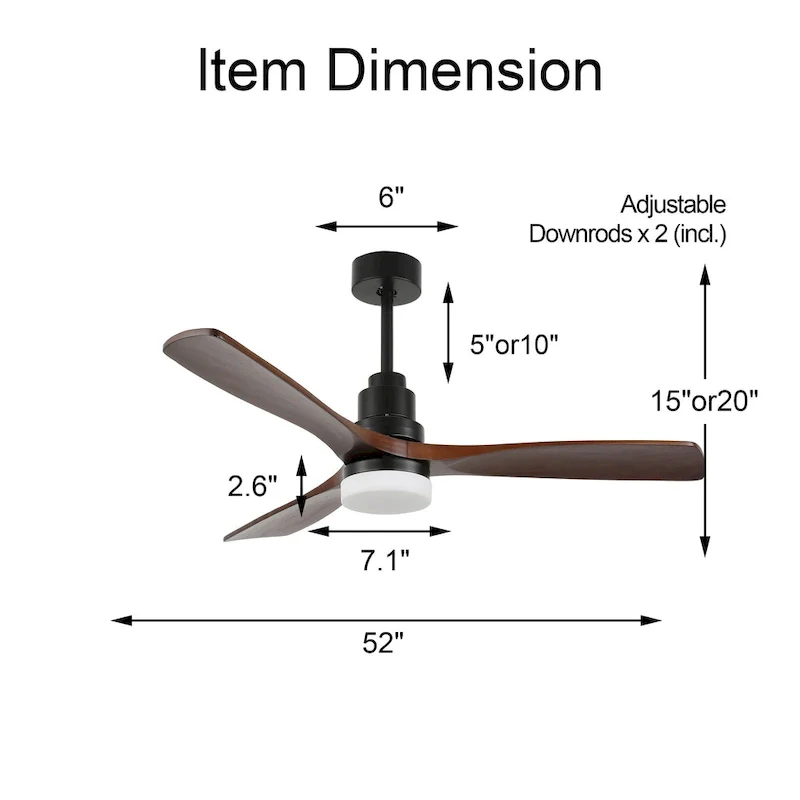 52  Farmhouse Solid Wood Ceiling Fan with Dimmable LED Light, 3-Speed Reversible Ceiling Fan with Remote