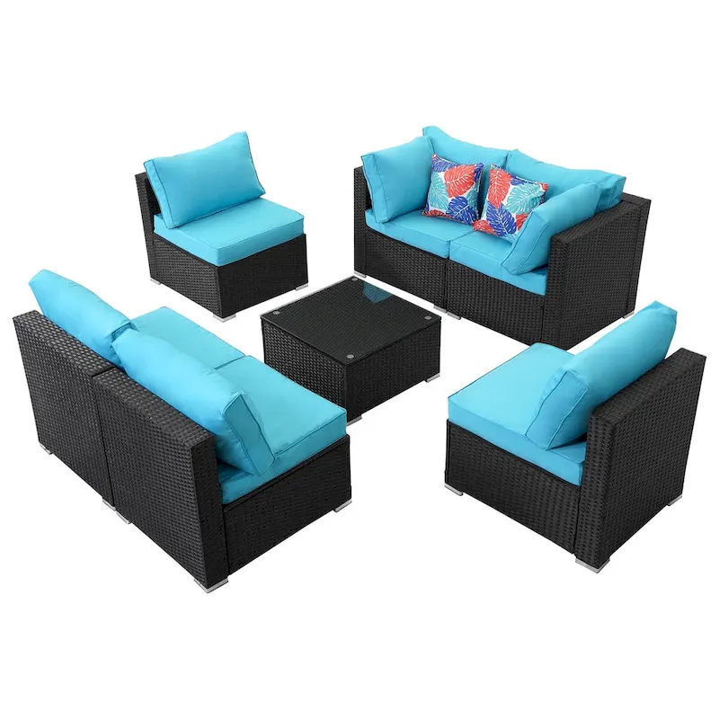 7-Piece Wicker Patio Sectional Conversation Seating Set with Blue Cushions - 85*78