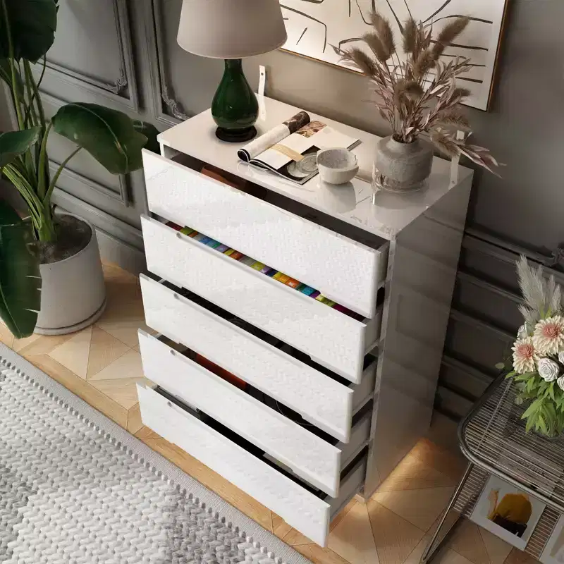 Hitow High Gloss 5 Drawer Dresser with Underlight Concealed Handle Chest of Drawers