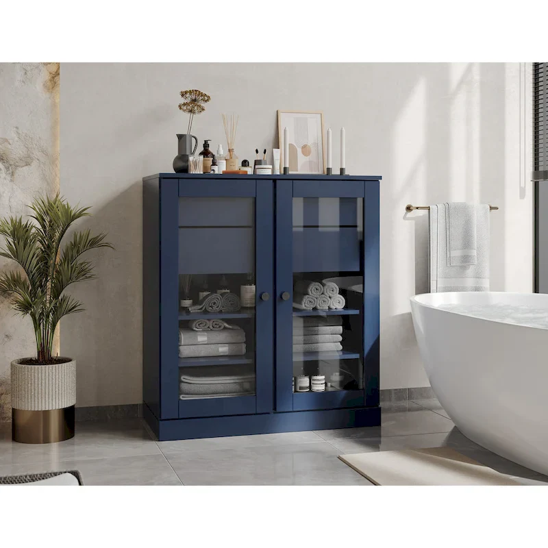 32" Solid Wood Bathroom Cabinet, Clear Glass Doors, 2 Drawers, 12 Colors