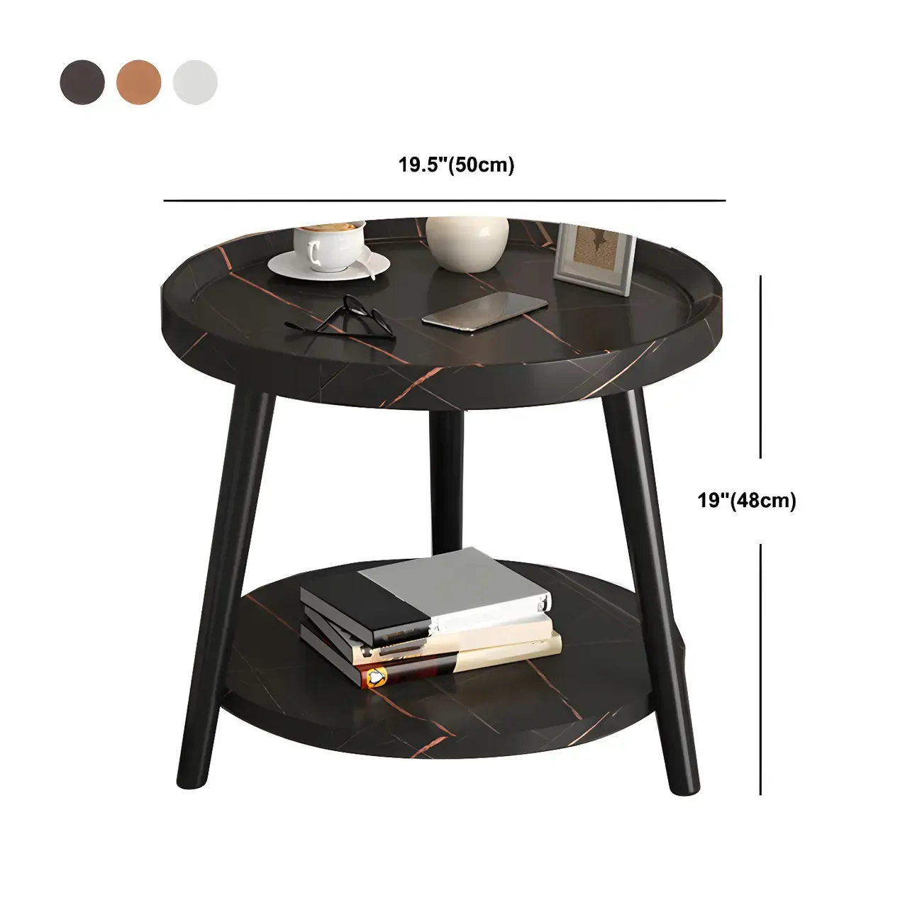 Natural Espresso Wood Small Round End Side Table with Tray Top & Shelf