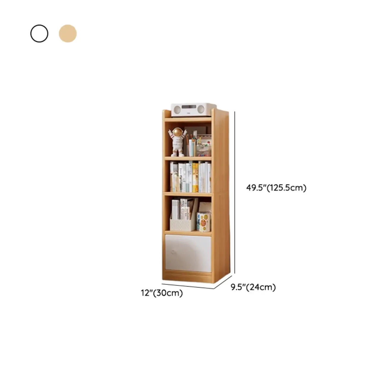 Narrow 6-Shelf White Wooden Bookcase with Cabinet