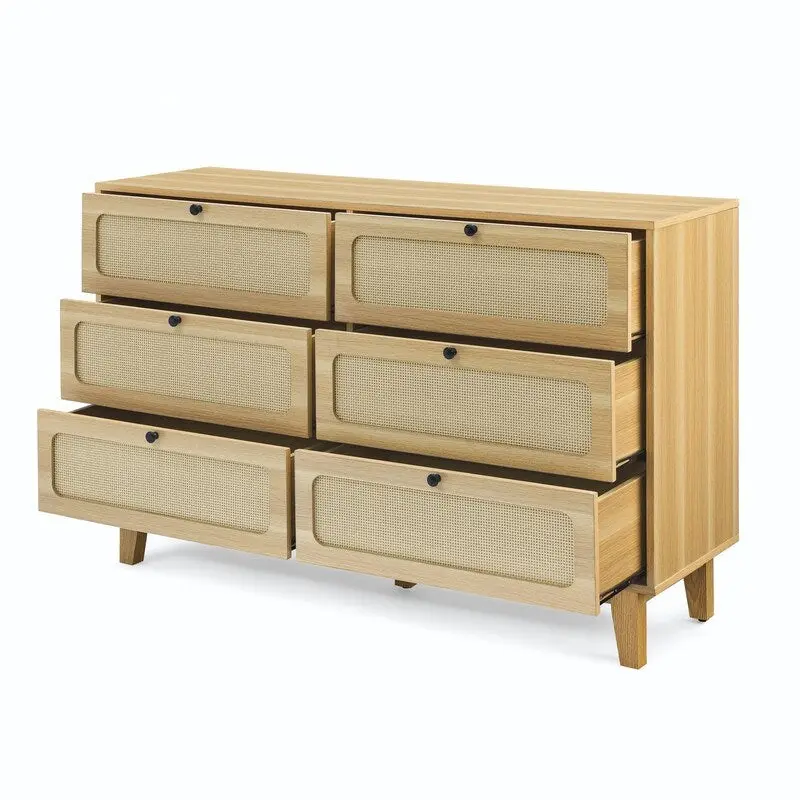 Mid-Century Modern Boho Style 6 Rattan Drawers Double Dresser with MDF Frame and Solid Wood Legs,