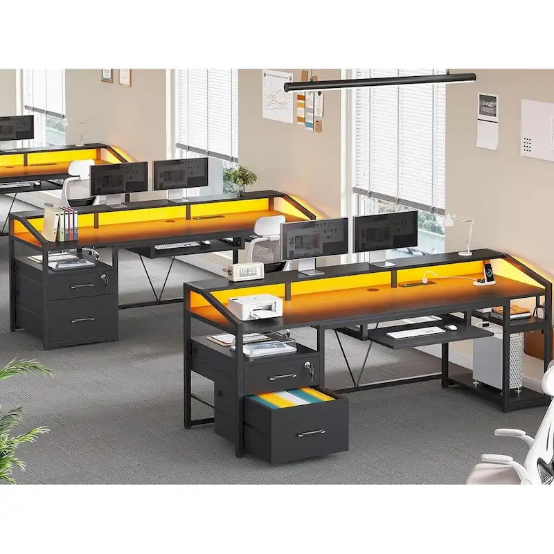 LED Computer Desk With Lock Drawers Keyboard Tray Power Outlet