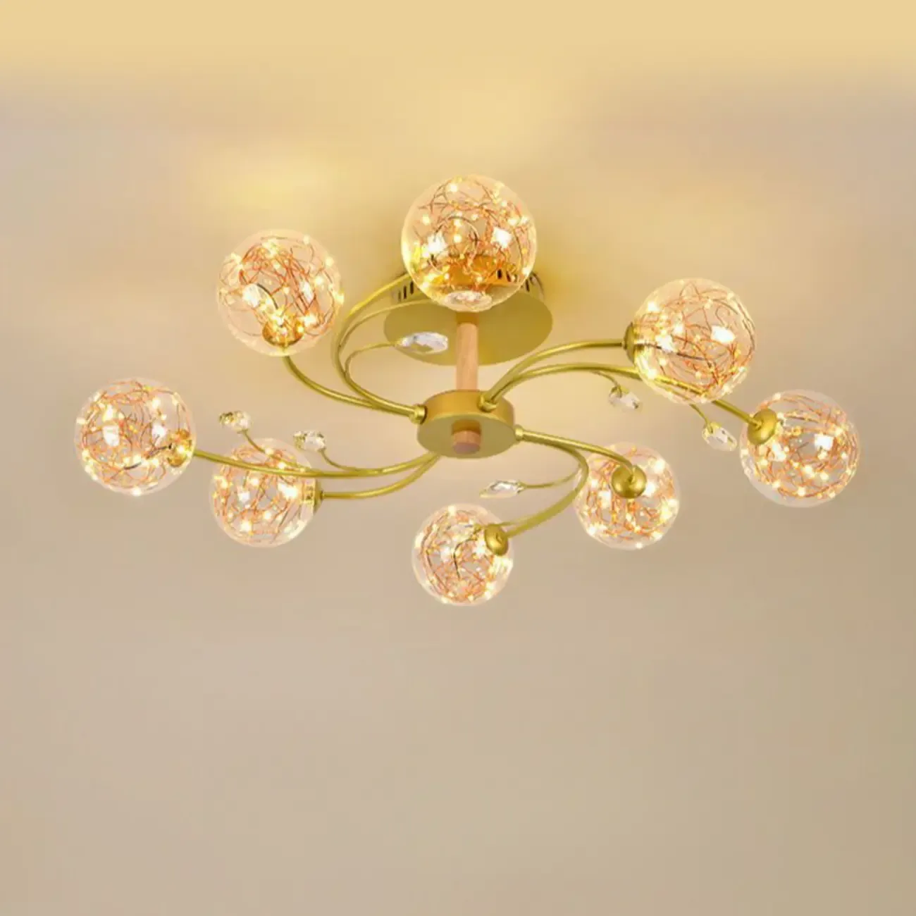 Crystal Globe Shade Gold Semi Flush Mount Light 3-Gear Dimming