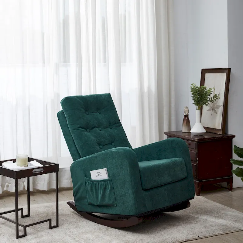 Modern 28.74 High Back Upholstered Buttons Tufted Rocking Chair with Solid Wood Legs and Side Pocket