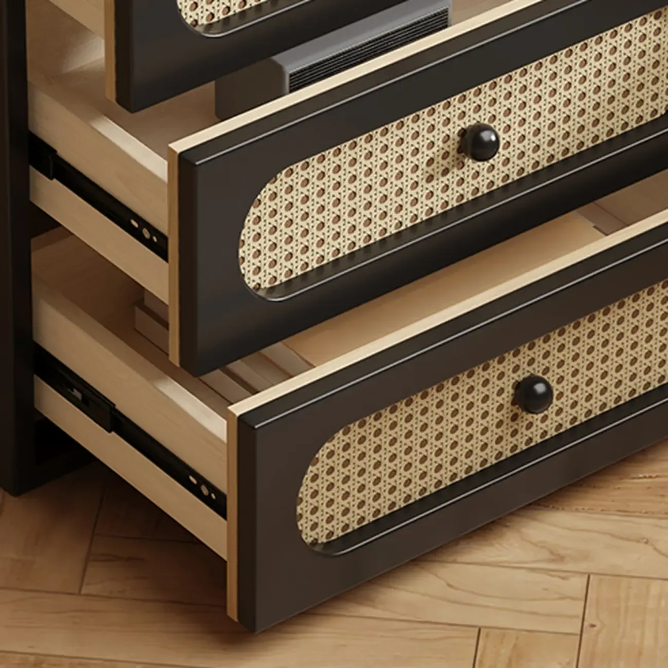 Functional White Wood Ratten 3-Drawer Narrow Nightstand