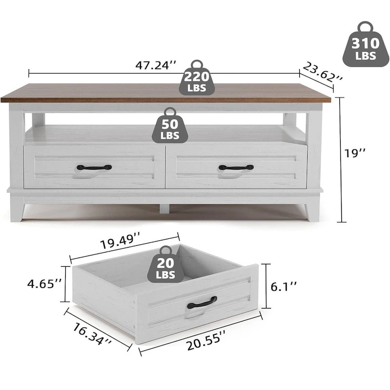 Farmhouse Coffee Table with Drawers and Open Shelf - N/A