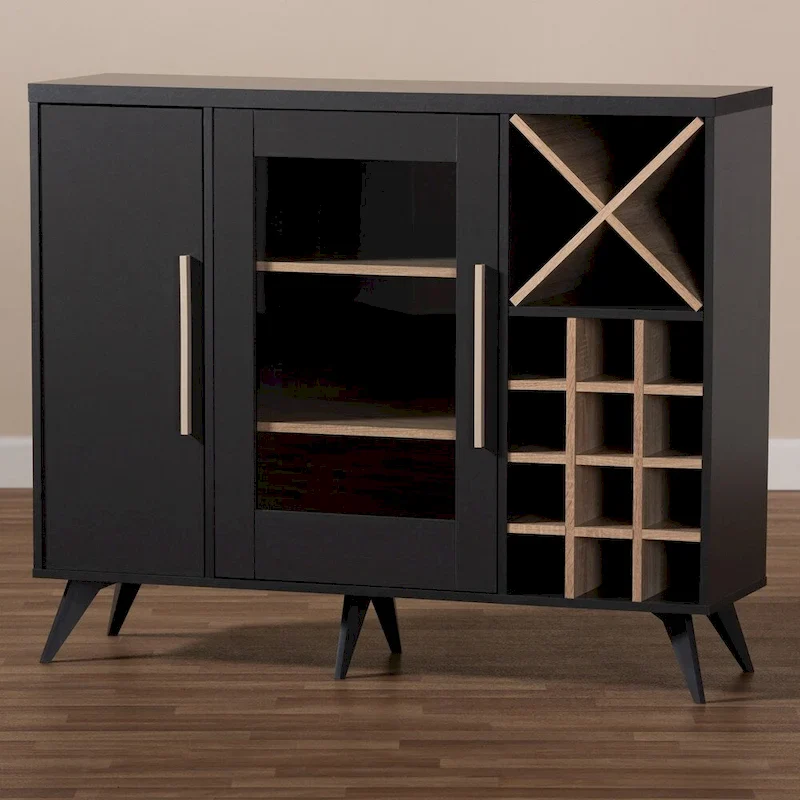 Dark Grey & Oak / White Brown Mid-Century Wine Cabinet with 24-Bottle Rack