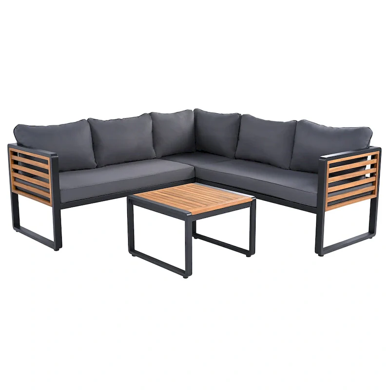4-Piece Iron L-Shaped Sectional Sofa Set with Cushions & Table