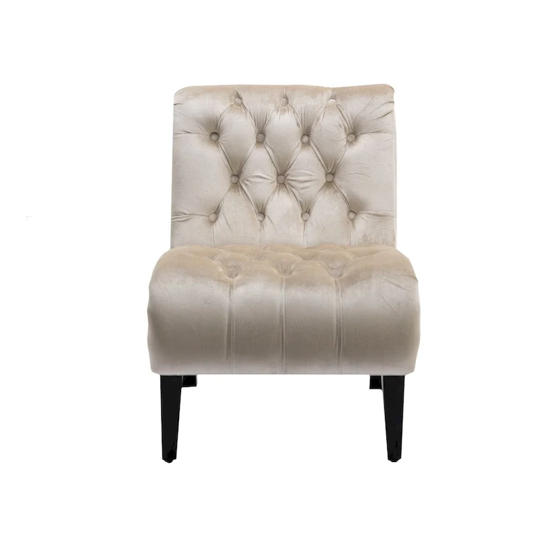 Beige Velvet Accent Chair with Button Tufting and Wooden Legs