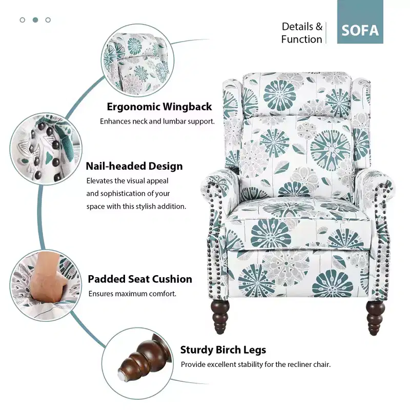 Christopher Knight Home Barnn 29.75 Upholstered Push Back Recliner Chair with Classic Wing Back, White/Blue