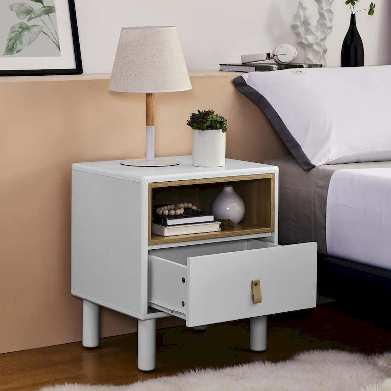 Nightstand - MDF & Solid Wood, 1 Drawer, Open Shelf, Leather Handles, 18.9W x 21.65H, Modern