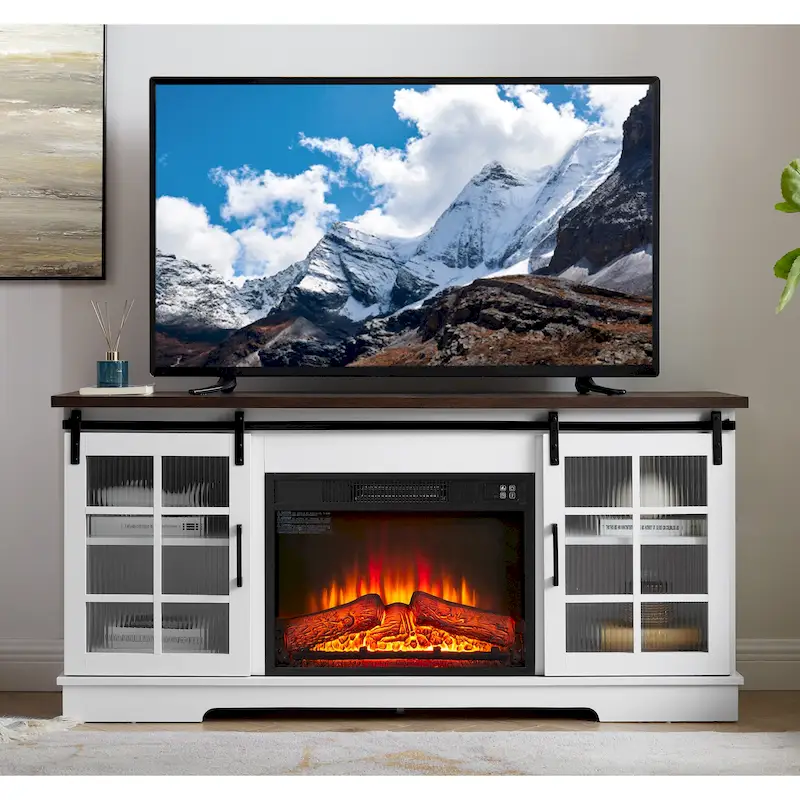 White 59.13 Fireplace TV Stand with Sliding Glass Doors and Storage Shelf for TVs Up to 65
