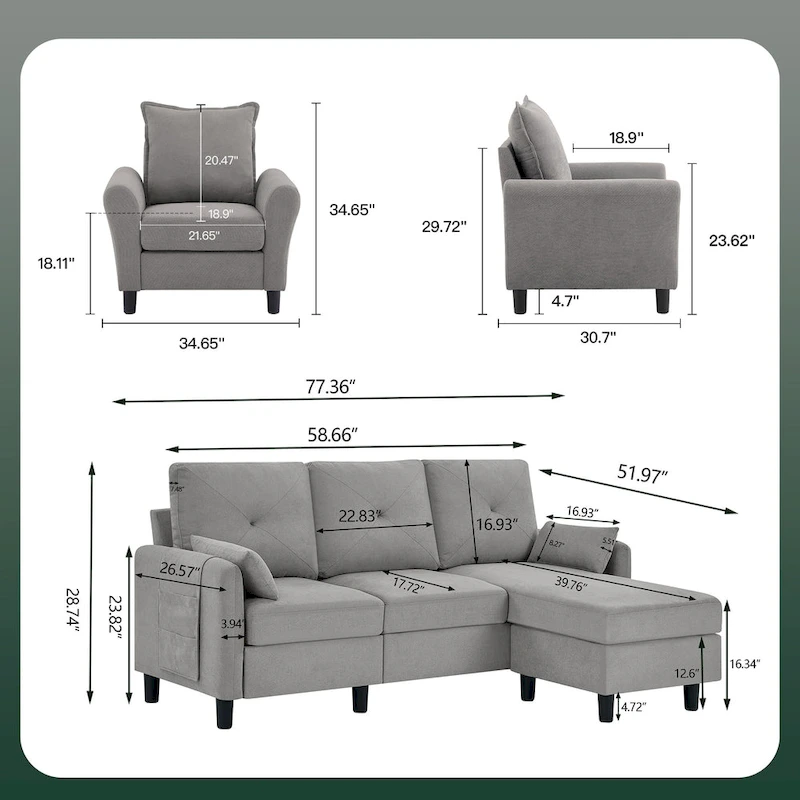3-Pieces Sectional Sofa Set with Ottoman and Chair