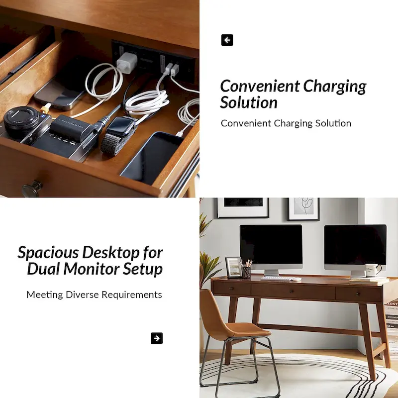 Mid-century Office Desk with Drawer Divider&Cable Management&Charging Station