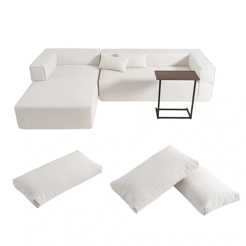 112 Boucle Modular Sectional Sofa with Free Side Table, Wide Seat Design and No Assembly Required