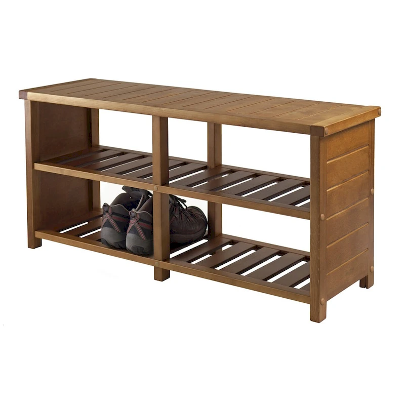 Keystone Bench, 2-Tier Shoe Storage, Teak - 38.43 x 11.81 x 18.27 inches