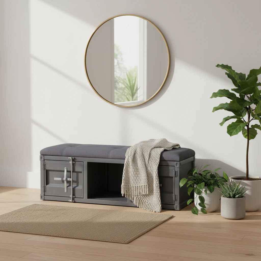 Industrial Style Metal and Fabric Bench with Open Storage, Gray