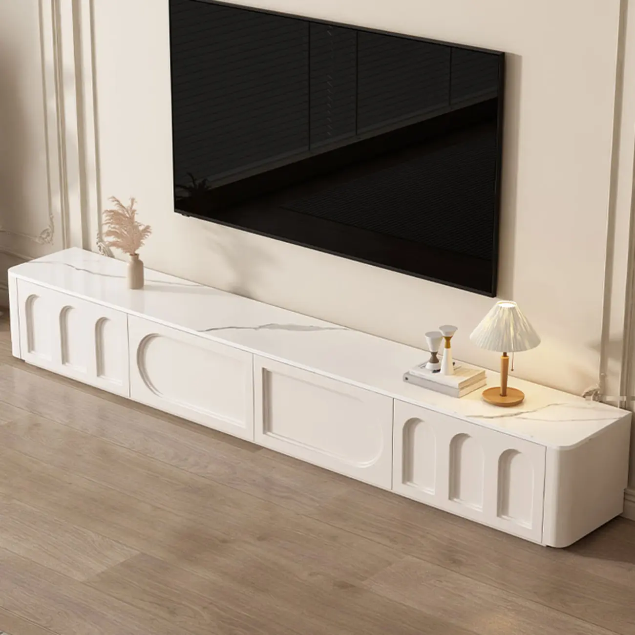 White Modern Long Wooden TV Stand with Drawers