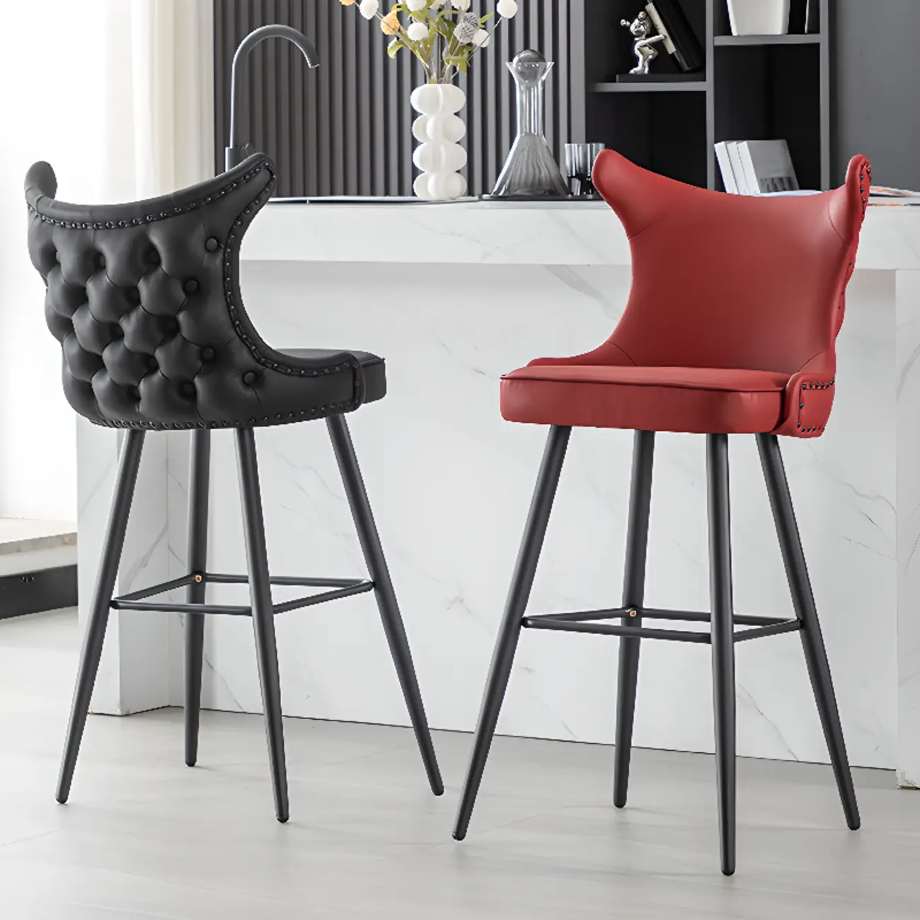 Tufted Four Legs Leather Wingback Counter Bar Stools