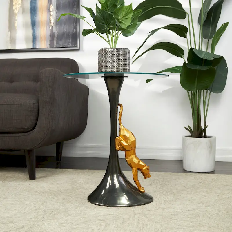 Aluminum Metal Leopard Accent Table with Gold Leopard Accent and Tempered Glass Top - Black - Roche River Decor