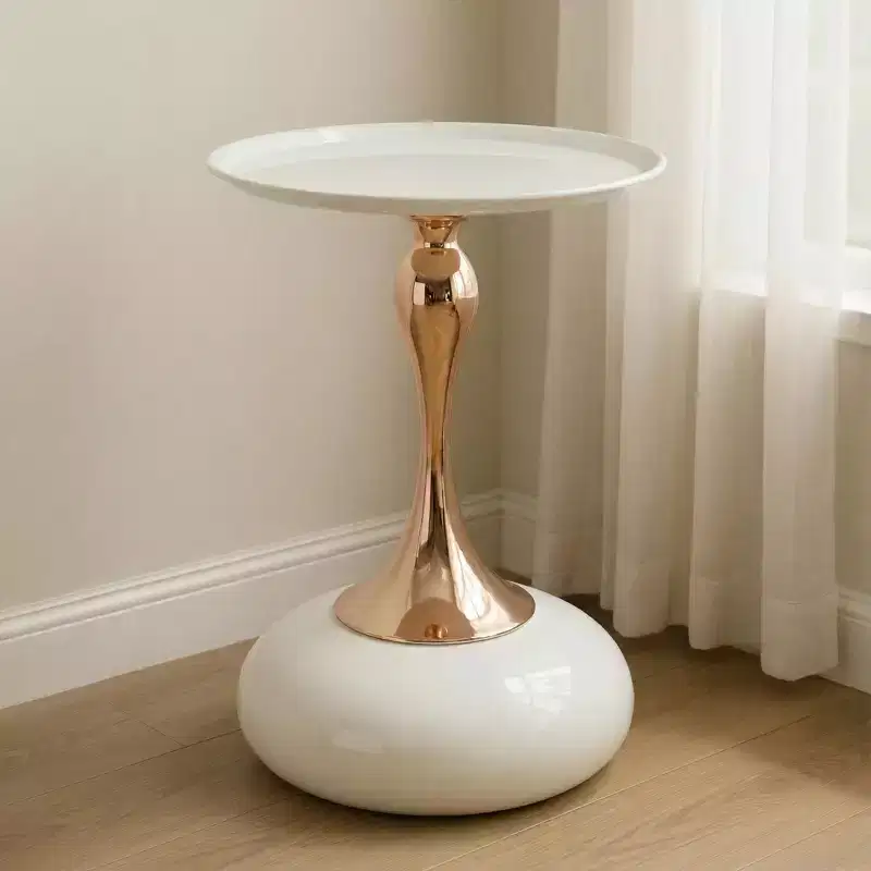 White Round Metal Side Table, Gold Finish, 1-Piece