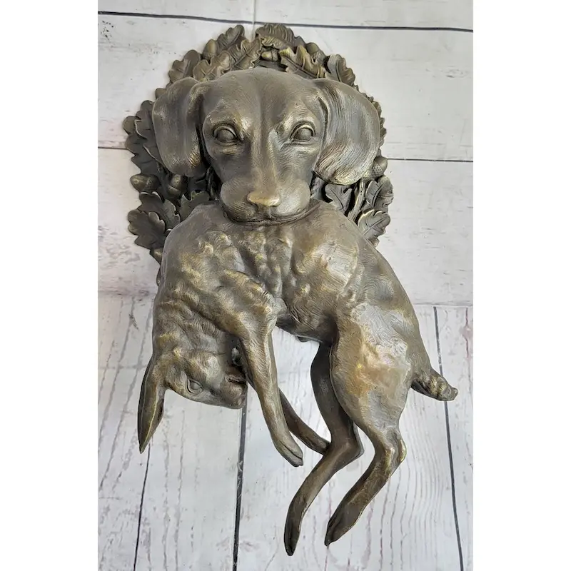 Hanging Wall Mounted Bronze Sculpture Of Retriever Dog With Imitative Rabbit In Mouth 12 Inches X 17 Inches