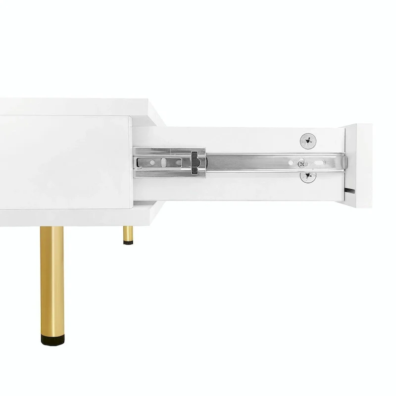 High Gloss Coffee Table: 4 Golden Legs, 2 Drawers, 2-Tier Square Design