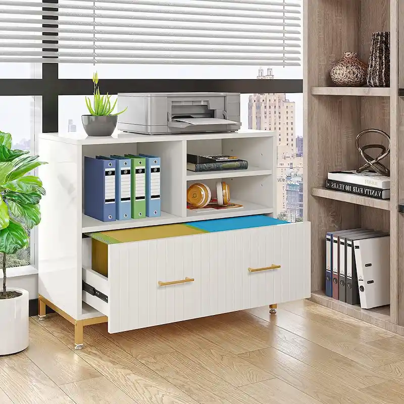 Lateral File Cabinet with Drawer & Open Shelves – White / Brown, Single