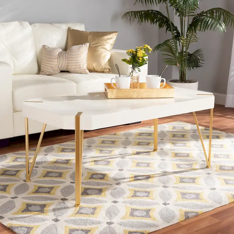 White & Gold Coffee Table - Rectangular with Angled Metal Legs (43.5