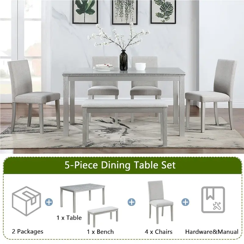 Wooden Dining Rectangular Table with Bench and 4 Chairs