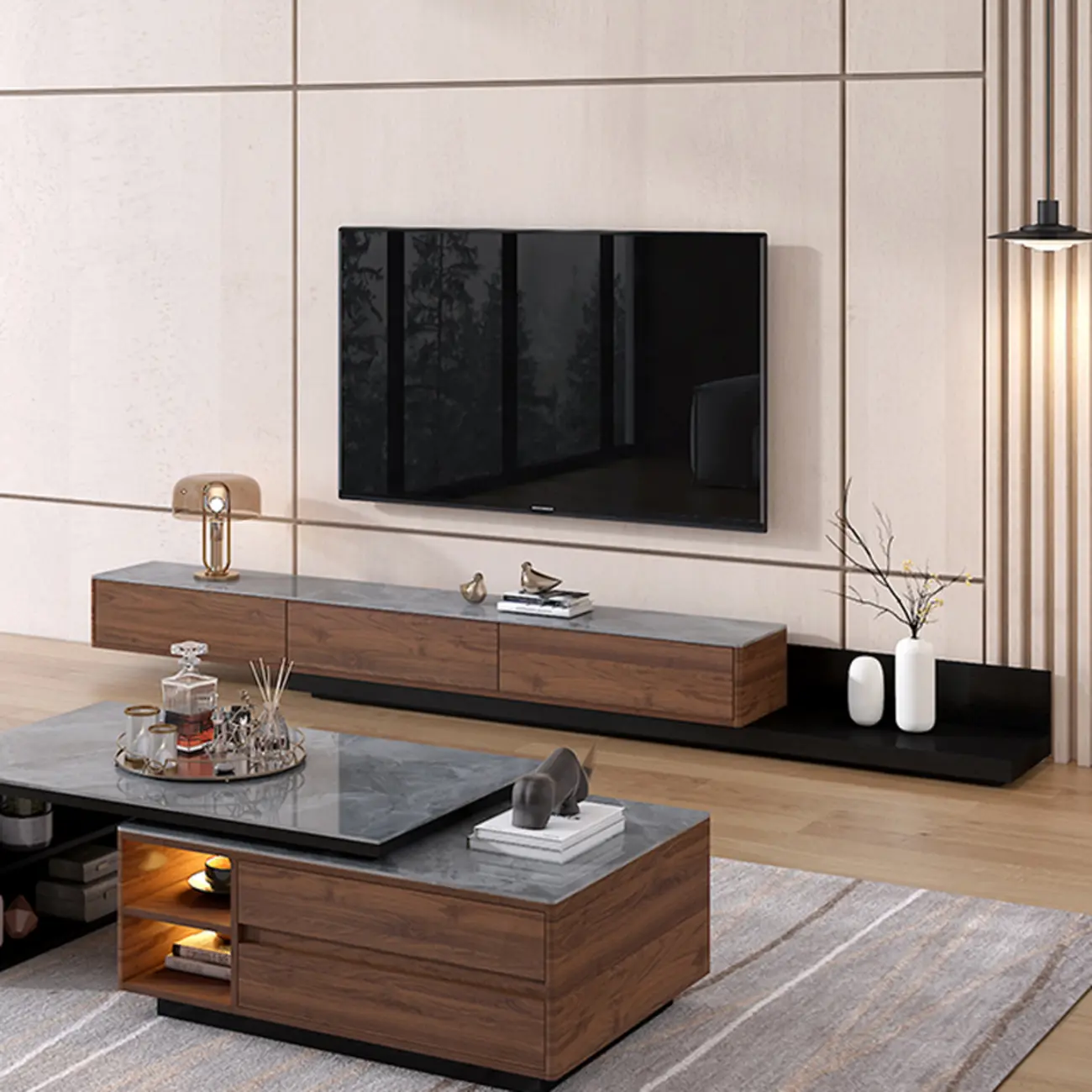 71 Walnut-Black Modern Stone TV Console with Drawers