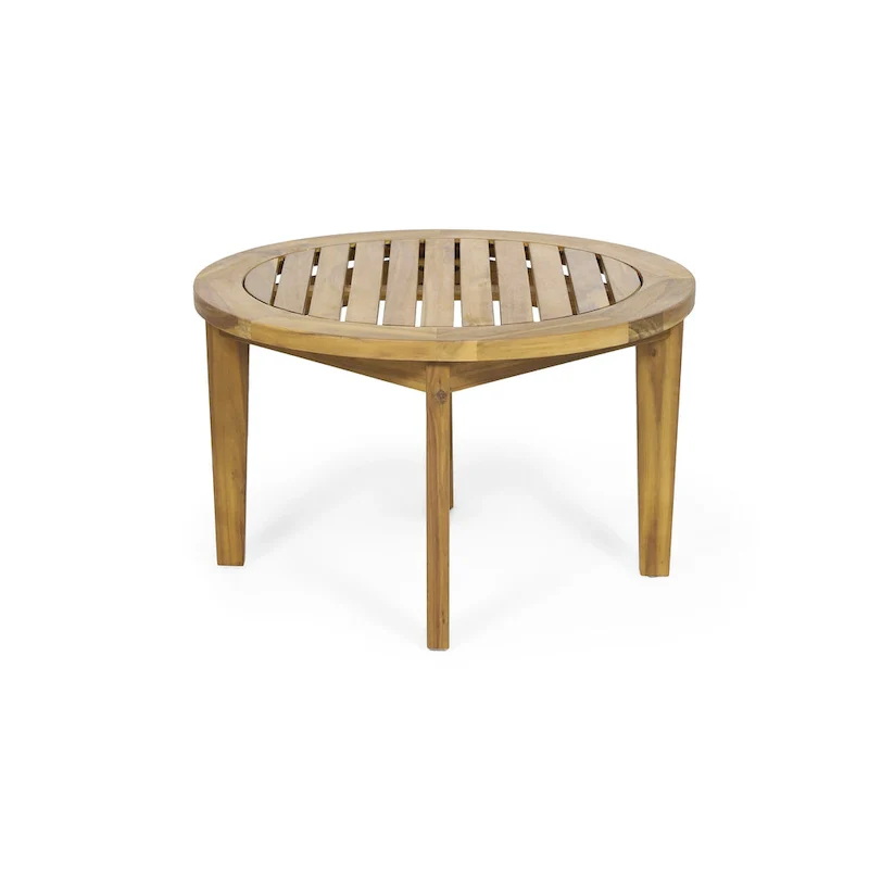 Roomfitters Round Patio Coffee Table, Solid Acacia Wood Slatted Top with Tapered Legs, Natural Wood