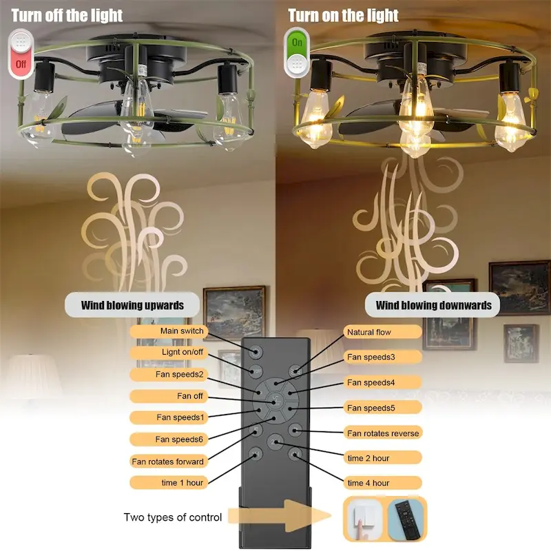 Flush Mount Ceiling Fans with Lights and Remote Control green Caged