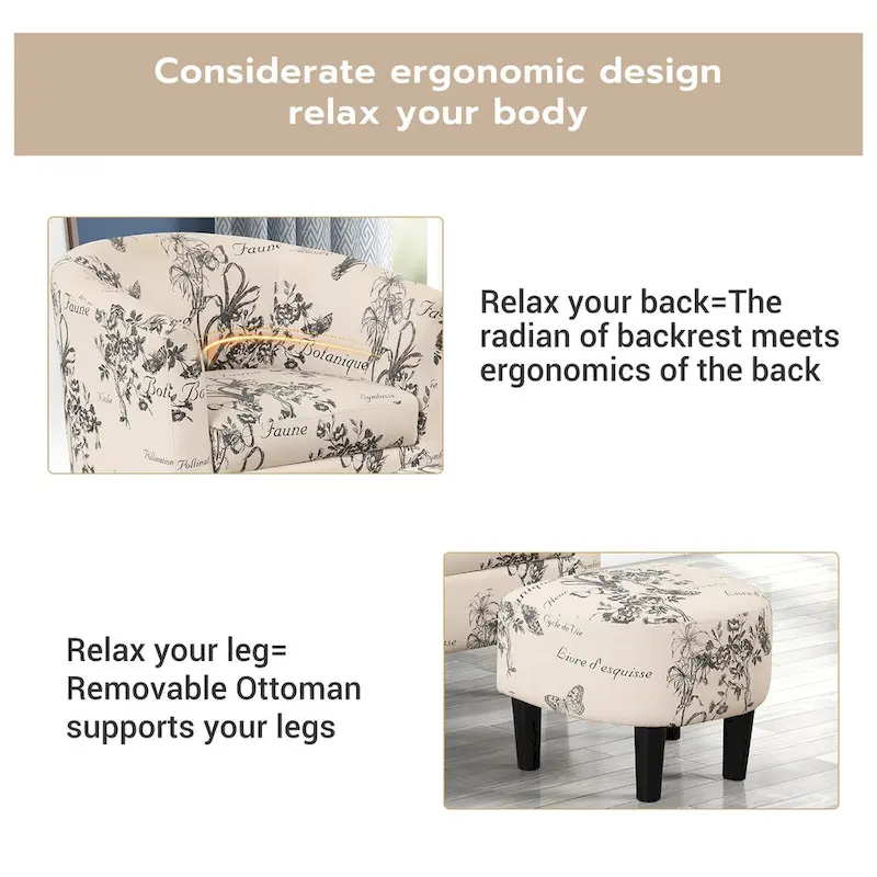 Classic Barrel Accent Chair Upholstered in Soft Polyester Fabric Footrest included