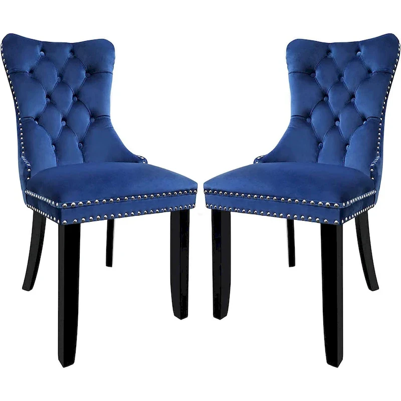 Velvet Dining Chairs Set of 2, Upholstered High-end Tufted Dining Room Chair with Nailhead Back Ring Pull Trim Solid Wood Legs