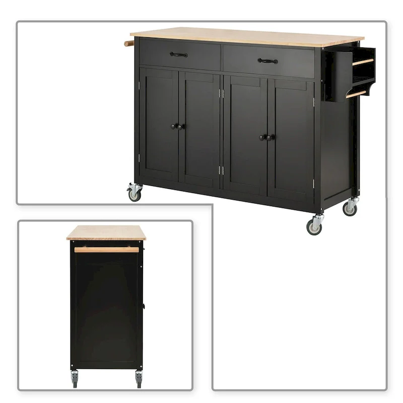 Classic Wooden Kitchen Island Cart with 2 Drawers, 2 Cabinets, a Towel Rack and a Spice Rack
