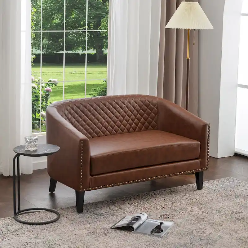 KINWELL 50W Tufted Faux Leather Upholstered Small Loveseat Sofa