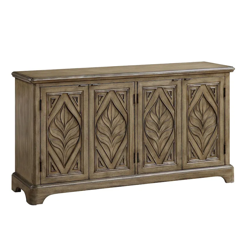 Console Table with Carved Leaf Motif Doors, Brown