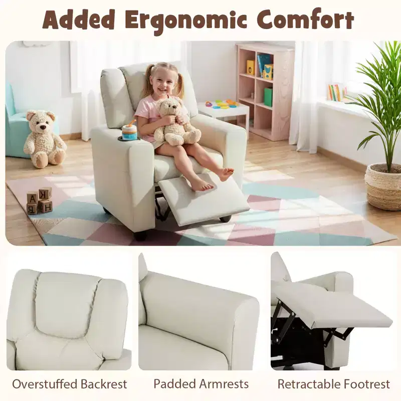Kids Recliner Chair with Cup Holder – Beige / Black / Brown / Pink, Push-Back Style, 1-Seat