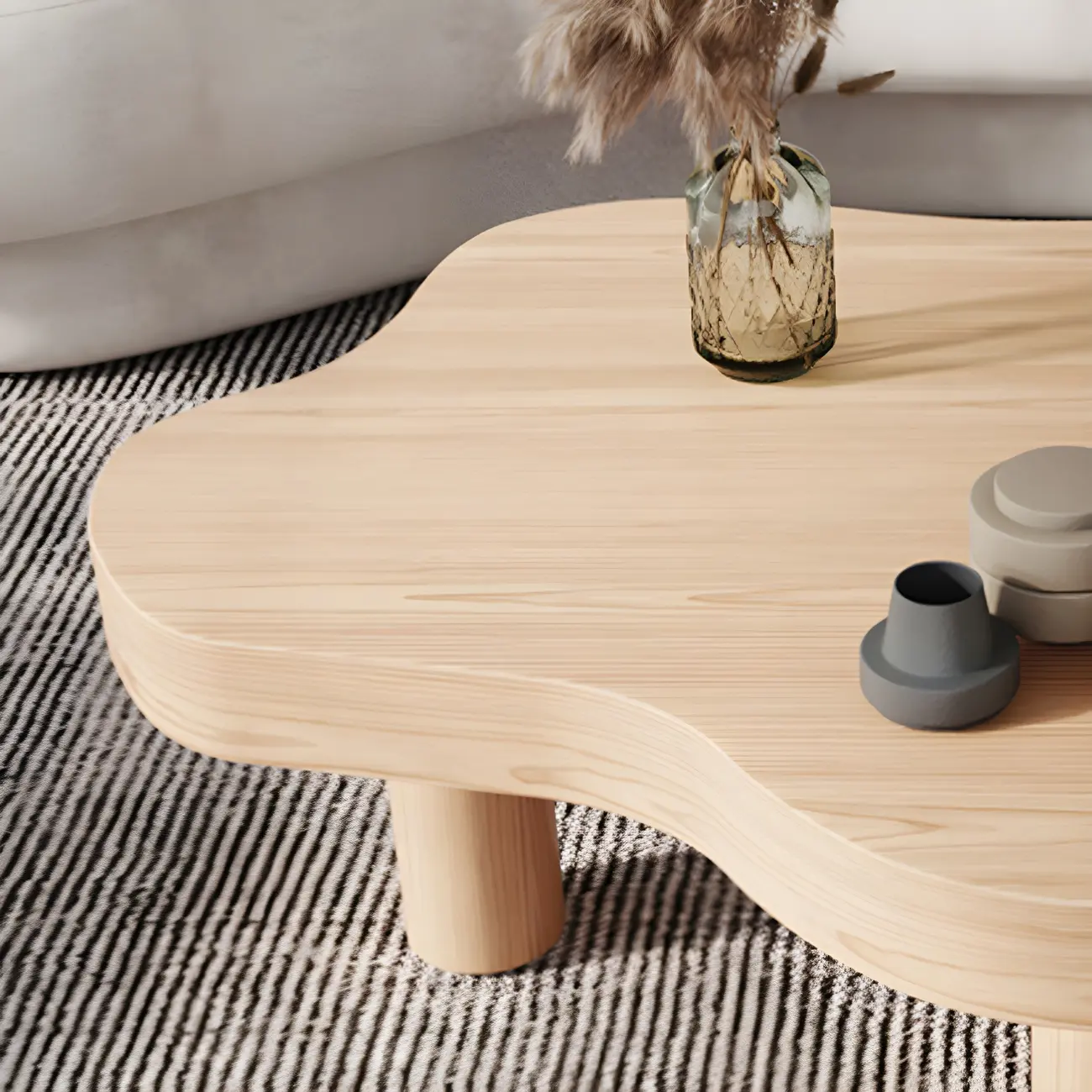 Natural Cloud-Shaped Pine Coffee Table with 3 Legs