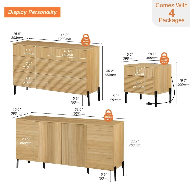 4-Piece Bedroom Furniture Set, 47 Fluted 6 Drawer Dresser, 61 Buffet Sideboard, 2 Nightstand with Charging Station, Oak