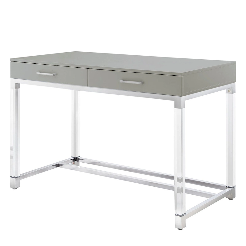 HomeRoots 48 White Clear and Gold Wood Acrylic and Stainless Steel Writing Desk With Two Drawers