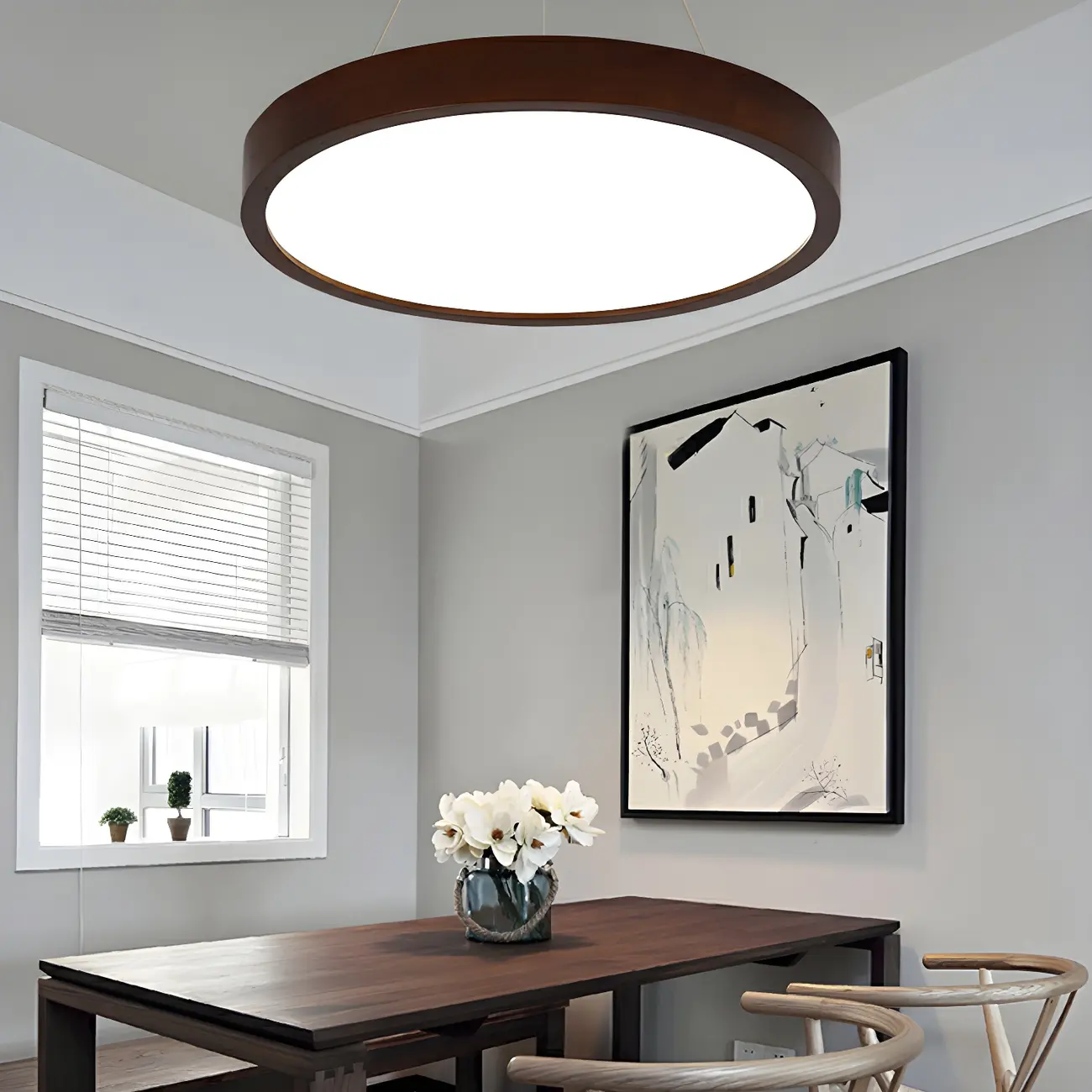 Modern Dimmable LED Brown Cylinder Wood Chandelier
