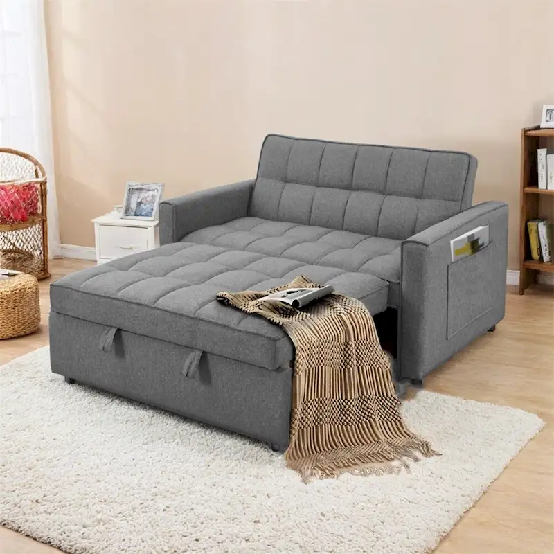 Pull-Out Sofa Bed with Woven Fabric and Wood Frame