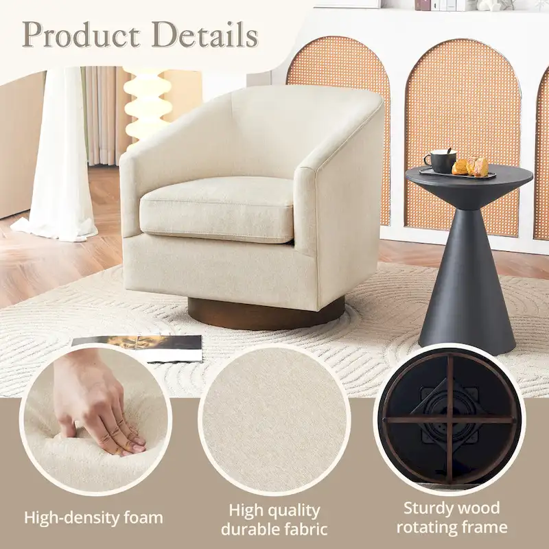 LUE BONA Modern Living Room Armchair Upholstered Wooden Barrel Swivel Accent Chair