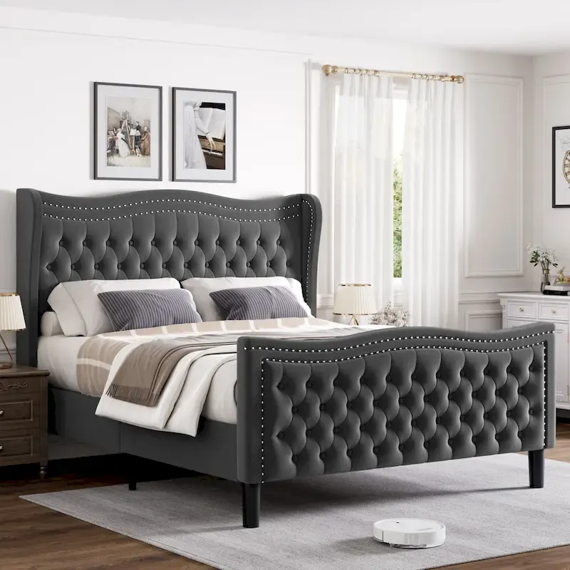 King Size Modern Velvet Platform Bed with Upholstered Headboard